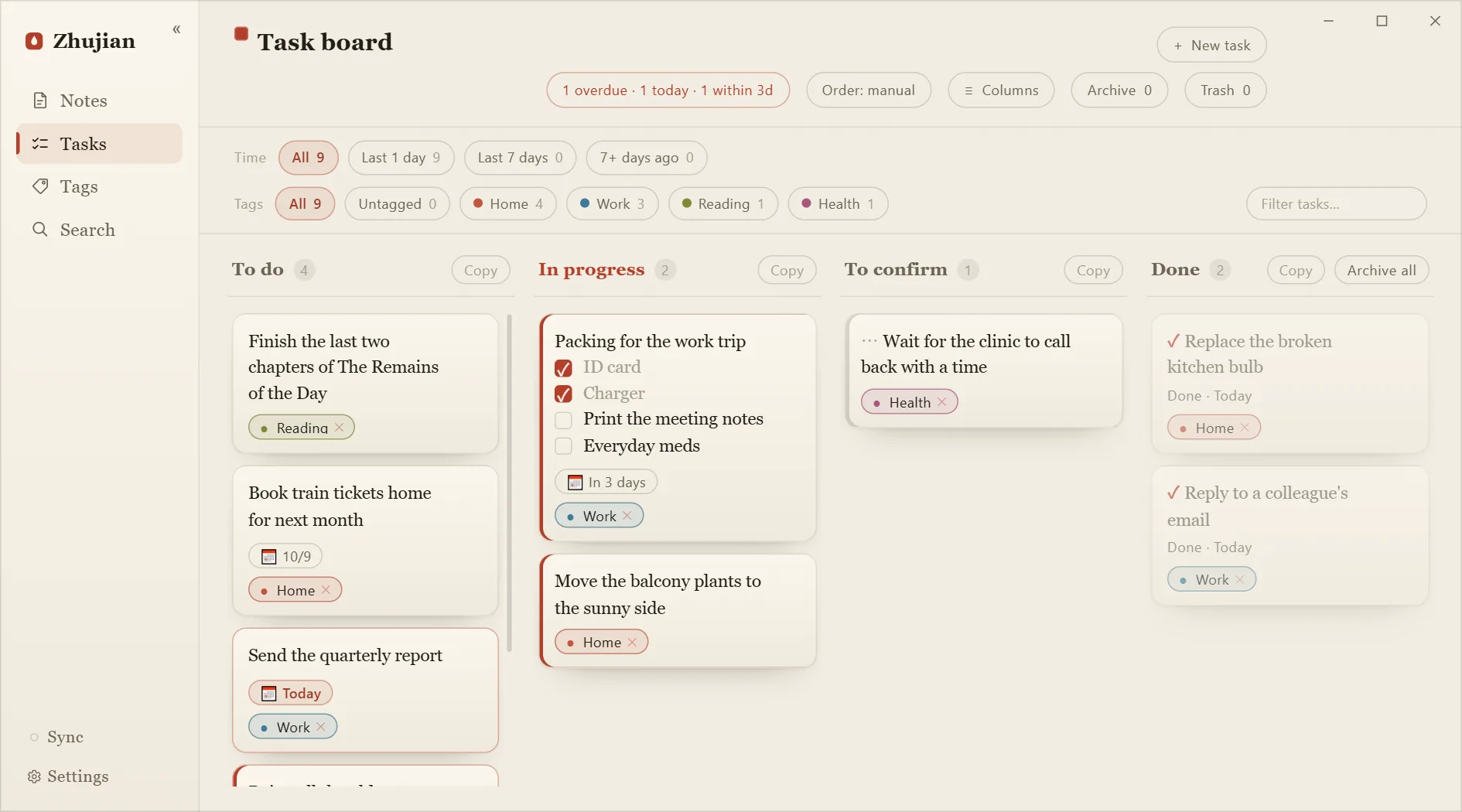 The task board: four columns (To do, In progress, To confirm, Done) with due dates and tags on the cards